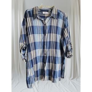 Caran NY 2x Blouse 100% Cotton Front Bottom Sleeve has Button Blue